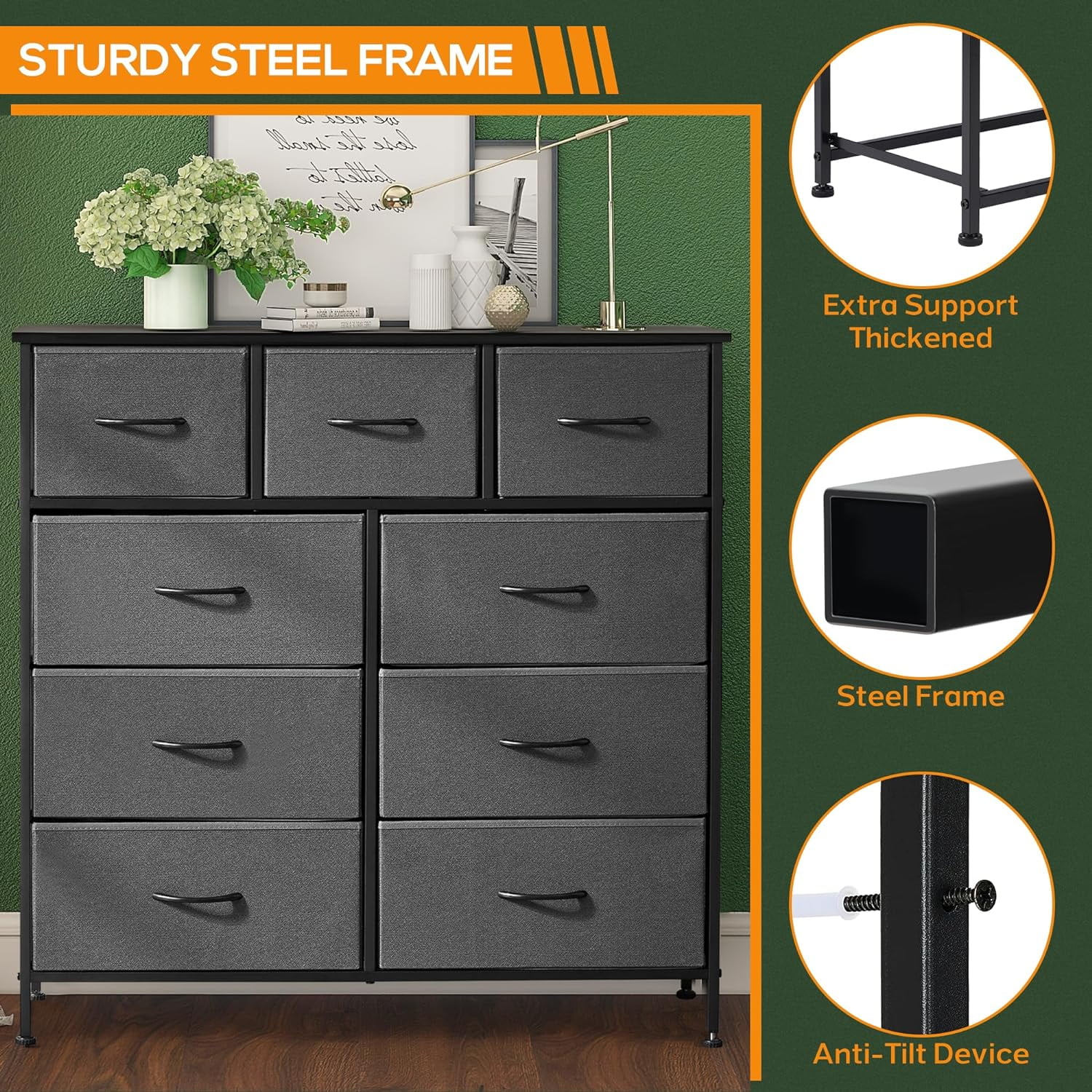 9 Drawer Dresser, Wide Chest Of Drawers Nightstand Storage Tower Storage Dresser Fabric Dresser With Wood Top for Living Room, Bedroom, Hallway, Grey