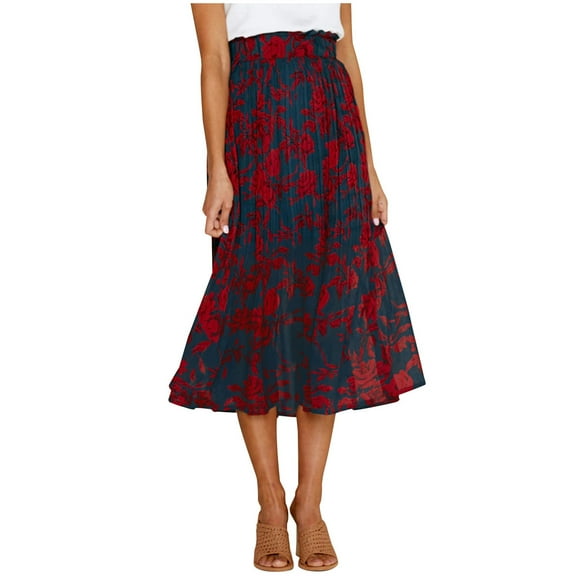 JINMGG Womens Plus Size Clearance $5 Fashion Women Print Casual Ruched Ruffles Pocket Elastic Waist Bohemian Style Skirts Red M