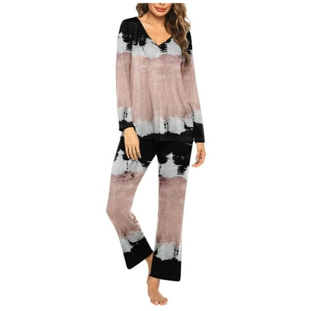 Pajamas for Women 2 Piece Sets Graphic Print Long Sleeve V Neck Top with Full Length Bottoms Pjs Outfits (2XL  Black 02)