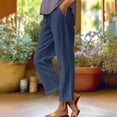 thumbnail image 4 of Qiopertar Linen Cotton Pants for Women Spring Summer Casual Wide Leg Trousers Elastic Waist Solid Color Straight Tube Ankle-Length Pants with Pockets, Navy XXL, 4 of 7