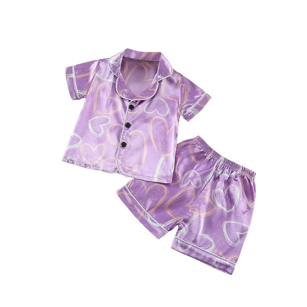 Odeerbi 2-6 Años Niño Niña Pijama de Verano de Satén Con Solapa Con Muesca Camisa de Manga Corta Con Estampado de San Valentín Conjunto de Pijama de Seda
