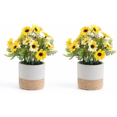 Artificial Flowers Sunflower with Cement Pot Artificial Daisies Bouquet Fake Plant Bonsai for Home Office Wedding Decoration Table Centerpieces Arrangement Bathroom Shelf Decor Yellow Daisy