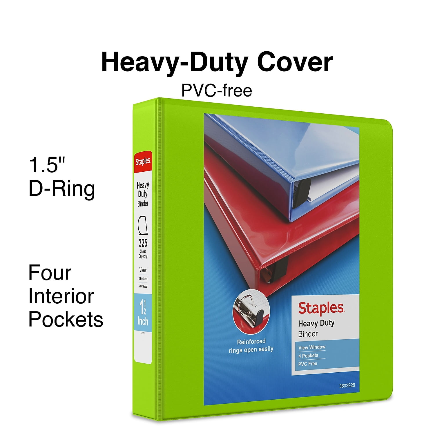 Staples Heavy-Duty 1.5' 3-Ring View Binder Chartreuse (24676-US) 56320-CC/24676