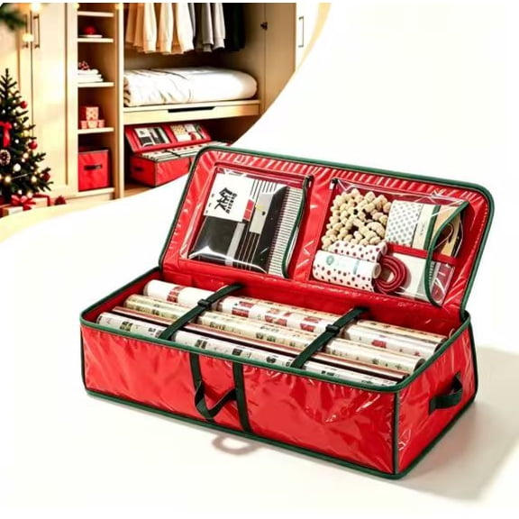 Gift Wrapping Paper Organizer Storage, Large Christmas Wrapping Paper Storage Box, Heavy Duty Tear‑Proof Fabric with Reinforced Handles, Reinforced Handles, Holiday Accessories