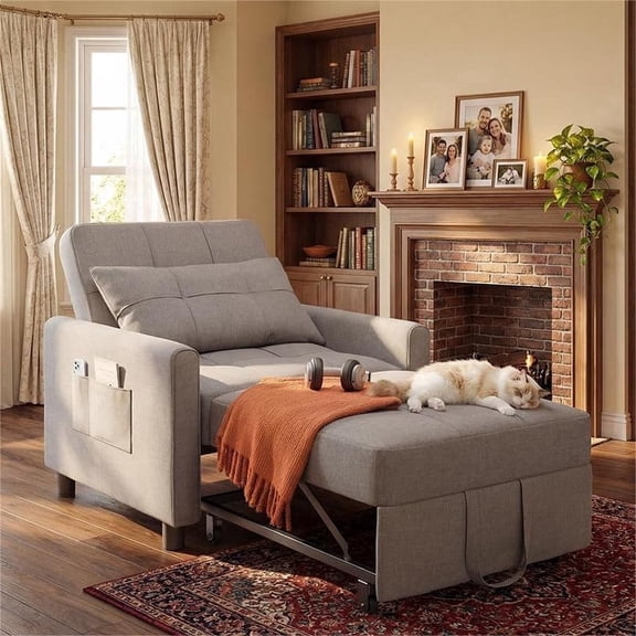 3-in-1 Convertible Sleeper Chair, Lightweight Foldable Sofa Bed for Small Spaces, Linen Upholstery, Light Gray