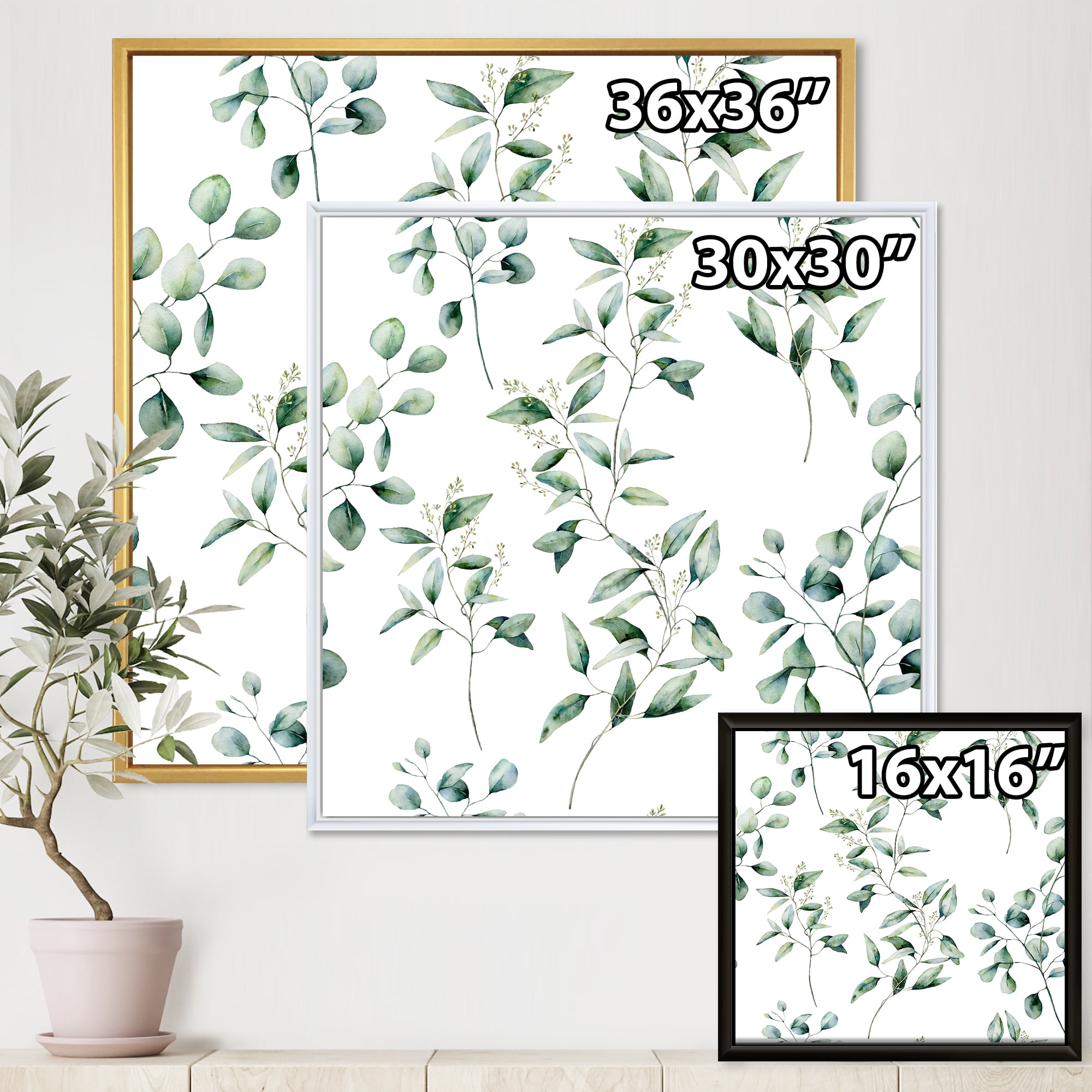 Designart 'Green Eucalyptus Plant Branches IV' Traditional Framed Canvas Wall Art Print