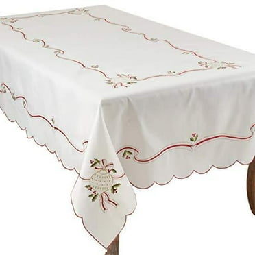 Fennco Styles Embroidered Holiday Ornament Christmas Tablecloth - Ivory Table Cover for Christmas Décor, Home, Banquet, Family Gathering and Special Occasion