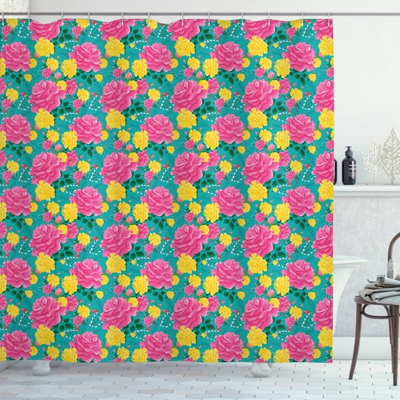 Rose Shower Curtain, Colorful Romantic Bouquet of Spring Roses and Buds Pattern Botanical Art Illustration, Fabric Bathroom Set with Hooks, 69W X 75L Inches Long, Multicolor, by Ambesonne