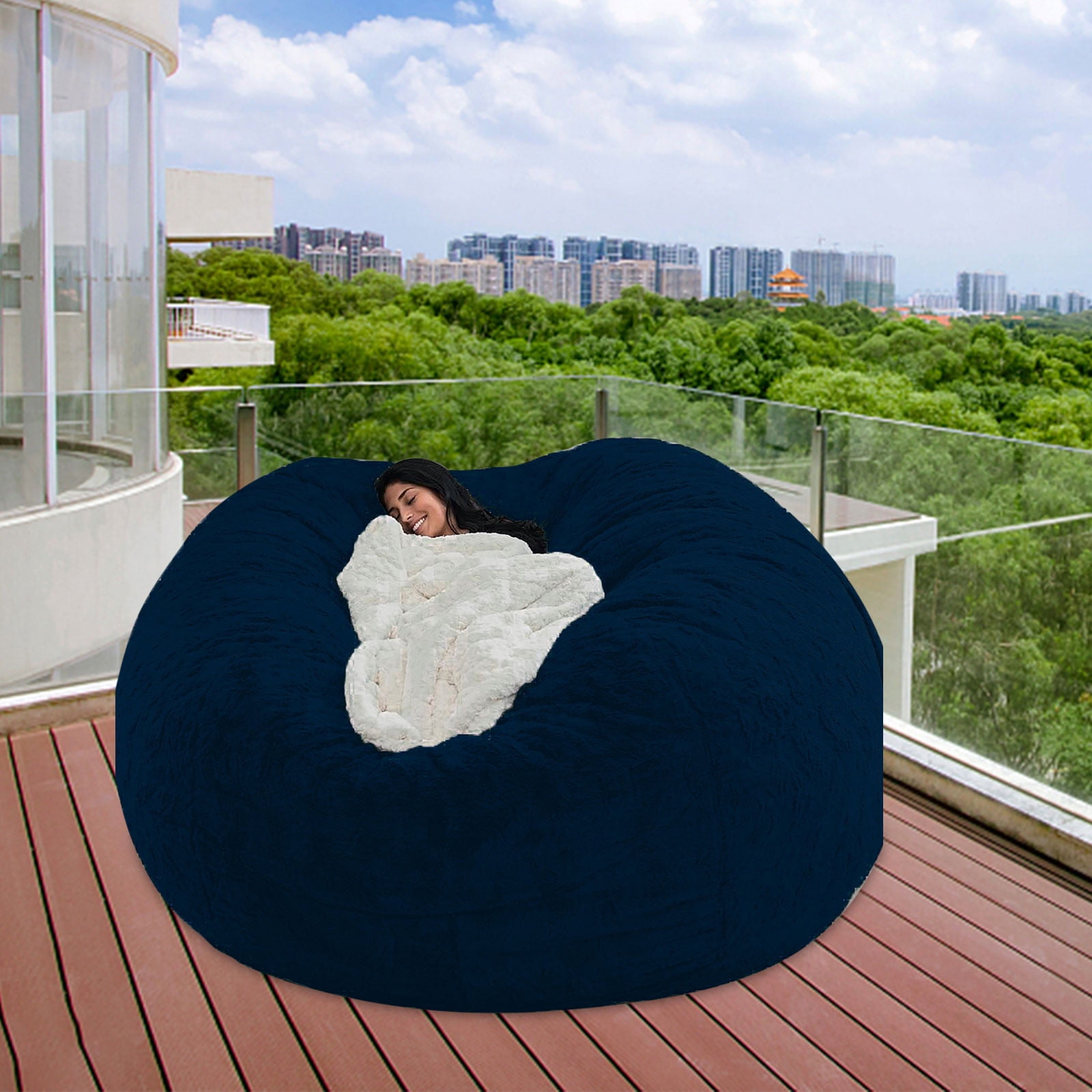 DAMAI Round Giant Bean Bag Chair Cover for Adults, Big Round Soft Fluffy Faux Fur Bean Bag Lazy Sofa Bed Cover, (No Filler) Living Room Furniture Round Fluffy Faux Fur Beanbag Lazy Sofa Bed Cover