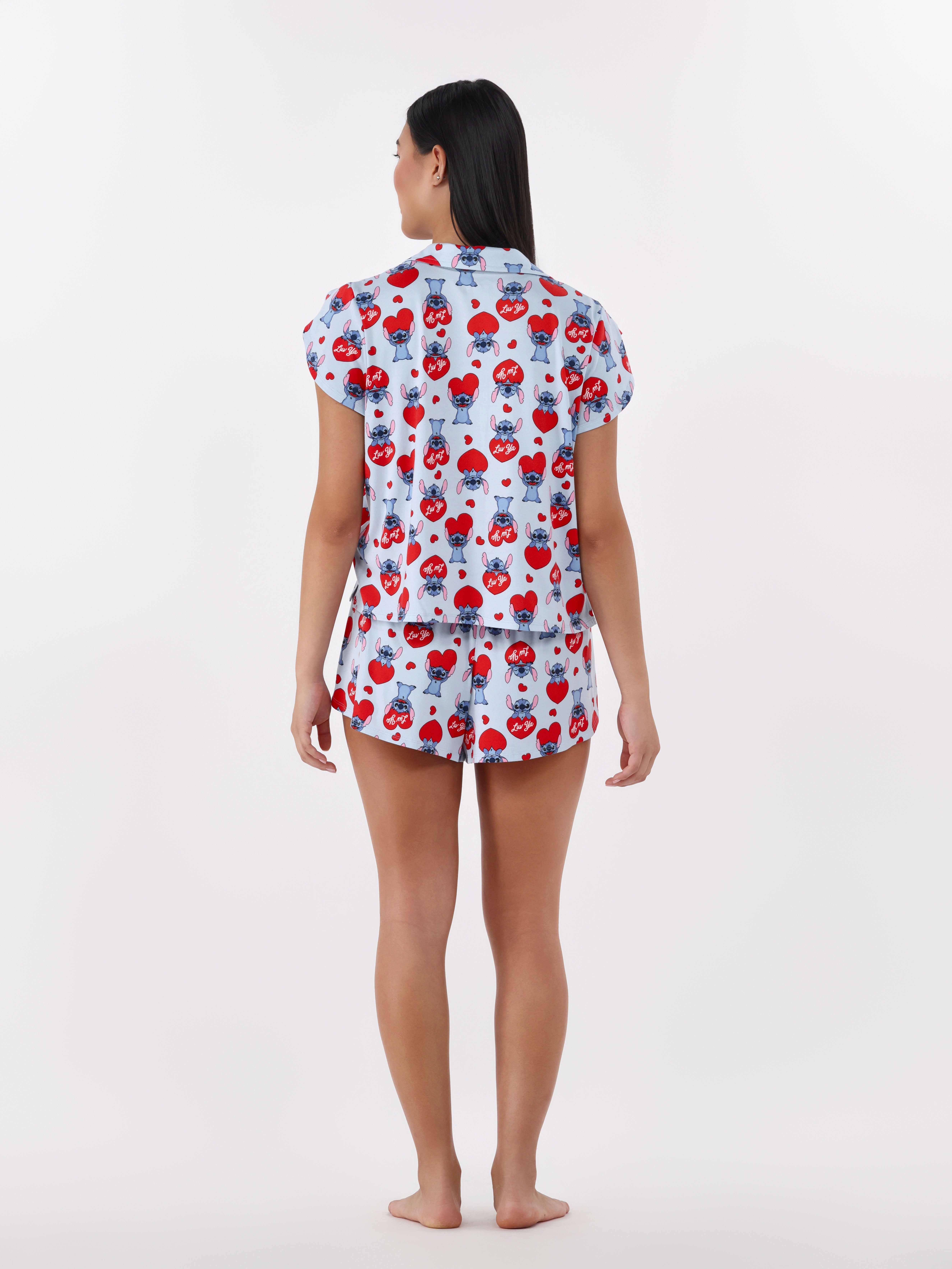 Disney Stitch Women's Valentine's Day Notch Collar Top and Shorts, 2 Piece Pajama Set, Sizes XS-3X