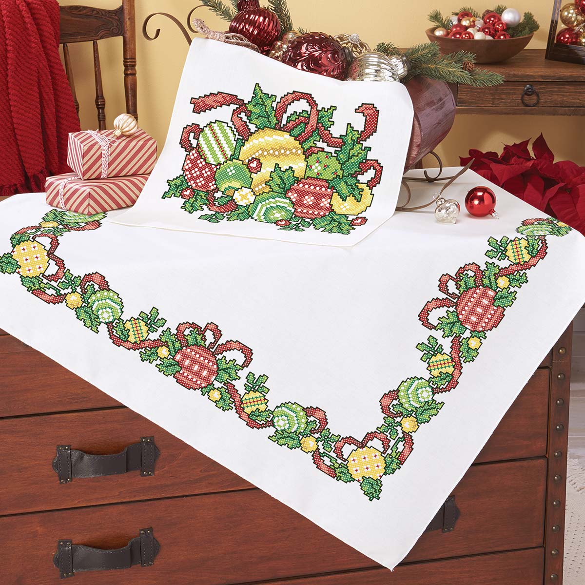 Herrschners Festive Ornaments Table Topper Table Runner Stamped Cross Stitch Walmart Com Walmart Com