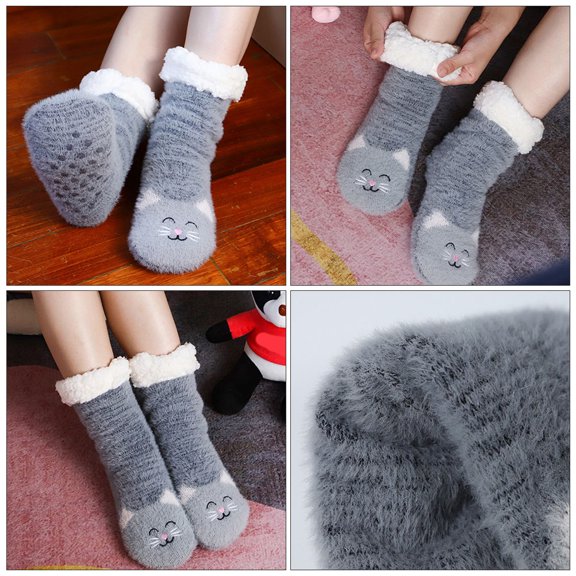 BESTYASH 1 Pair Mid-Calf Winter Non-Skid Socks Grey Coral Fleece Soft Warm Floor Socks for Women and Men