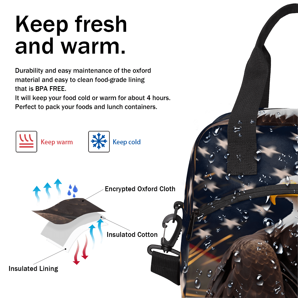 Herdesigns American Flag Eagles Insulated Lunch Bag for Women Men Adults Large Reusable Lunch Box 4th of July Leakproof Cooler Tote Bags with Adjustable Shoulder Strap
