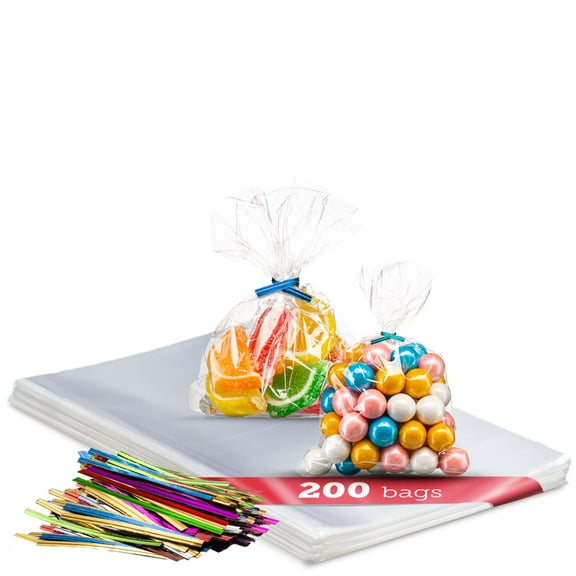 Prestee 200 Pack Clear Plastic Cellophane Bags Goodie Bags [4x6] with 4" Twist Ties, Candy Bags, Cookie Bags, Treat Bags with Ties, Clear Gift Bags, Cellophane Treat Bags (Pack of 200)