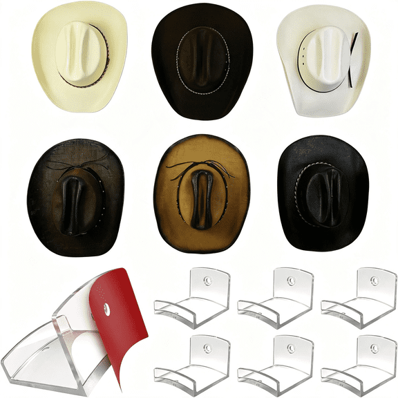 XIBUFE Adhesive Hat Hooks for Wall (6-Pack) - Cowboy Hat Rack, Wide Brim Hat Organizer, Strong Hold Hat Hangers for Wall - Clear Sturdy Hat Holder