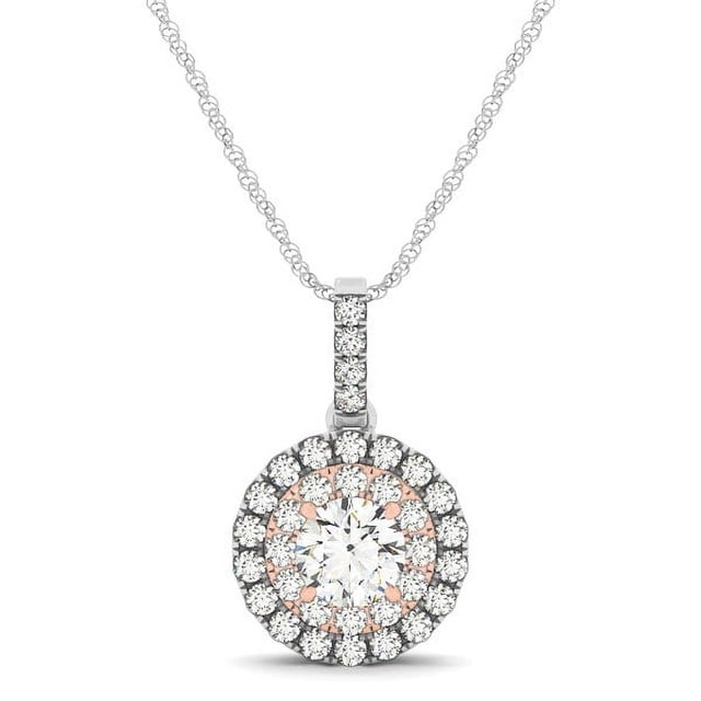 Pendentif Diamant Halo Rond en Or Rose Blanc 14k 1/2 cttw 18 Po