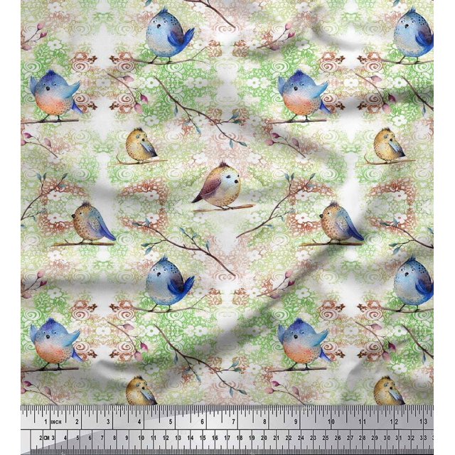 Soimoi Moss Georgette Fabric Branch & Bird Artistic Print Sewing Fabric Yard 42 Inch Wide