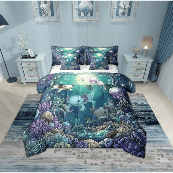 Erosebridal Cartoon Axolotl Bedding Sets Twin Size,Marine Animal Comforter Sets with Sheets,Ocean Theme Decor,Reversible,Breathable,7pcs