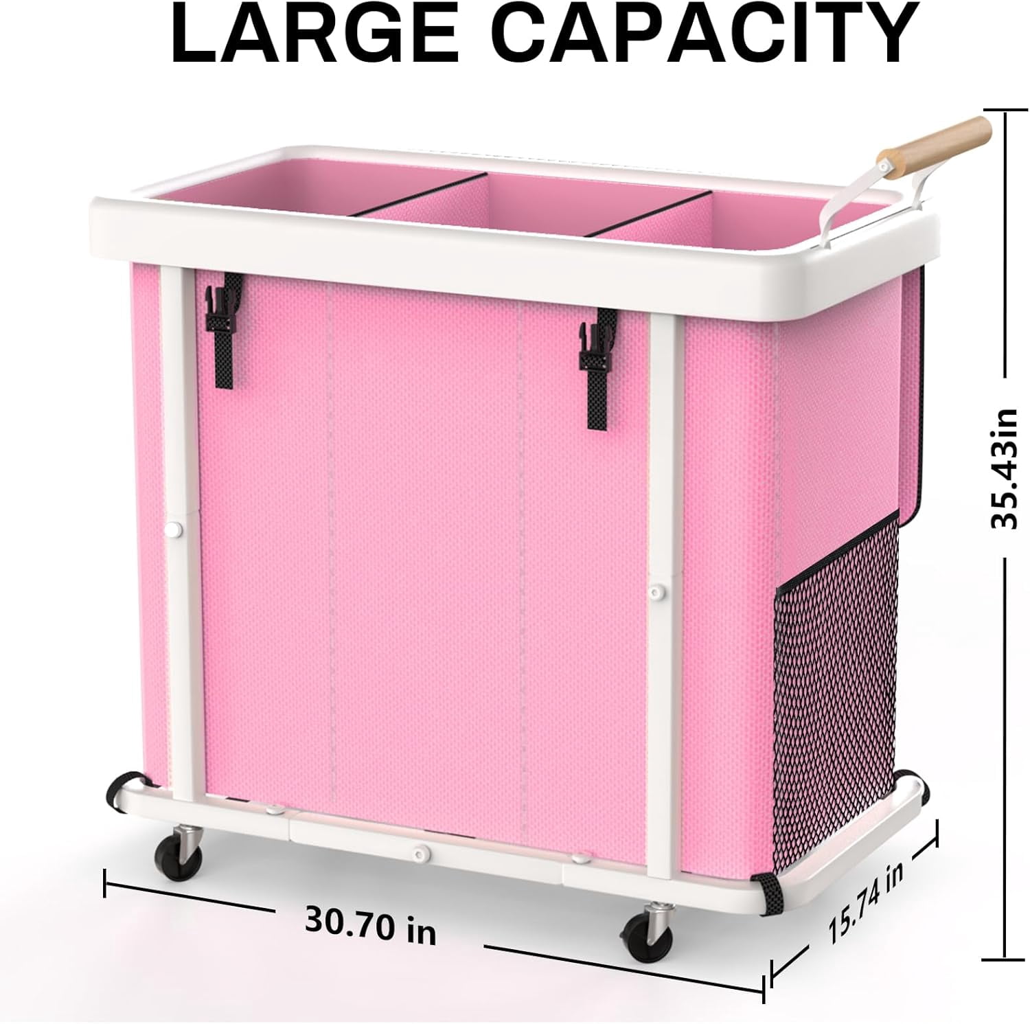 230L (60 Gal) Extra Large Fashion Laundry Sorter 3 Section with Lid, Rolling Laundry Basket Hamper with Handle, Laundry Organizer Storage Cart with Sturdy Metal Frame for Laundry Room, Hotel, Pink