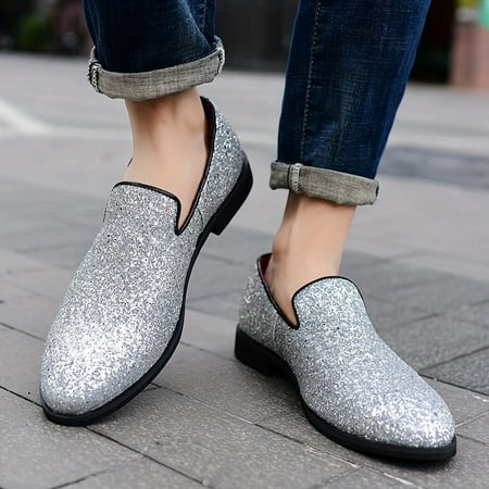 

SHZHRUKUNSHM Stylish Sequinned Slip-On Business Shoes with Solid Colour Comfortable Non-Slip Rubber Sole Dress Shoes for Men Classy Men‘s Formal Footwear