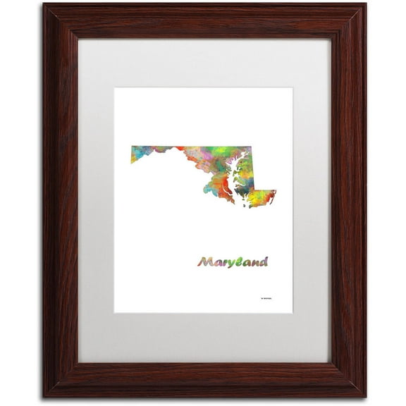 Trademark Fine Art "Maryland State Map-1" Canvas Art by Marlene Watson, White Matte, Wood Frame