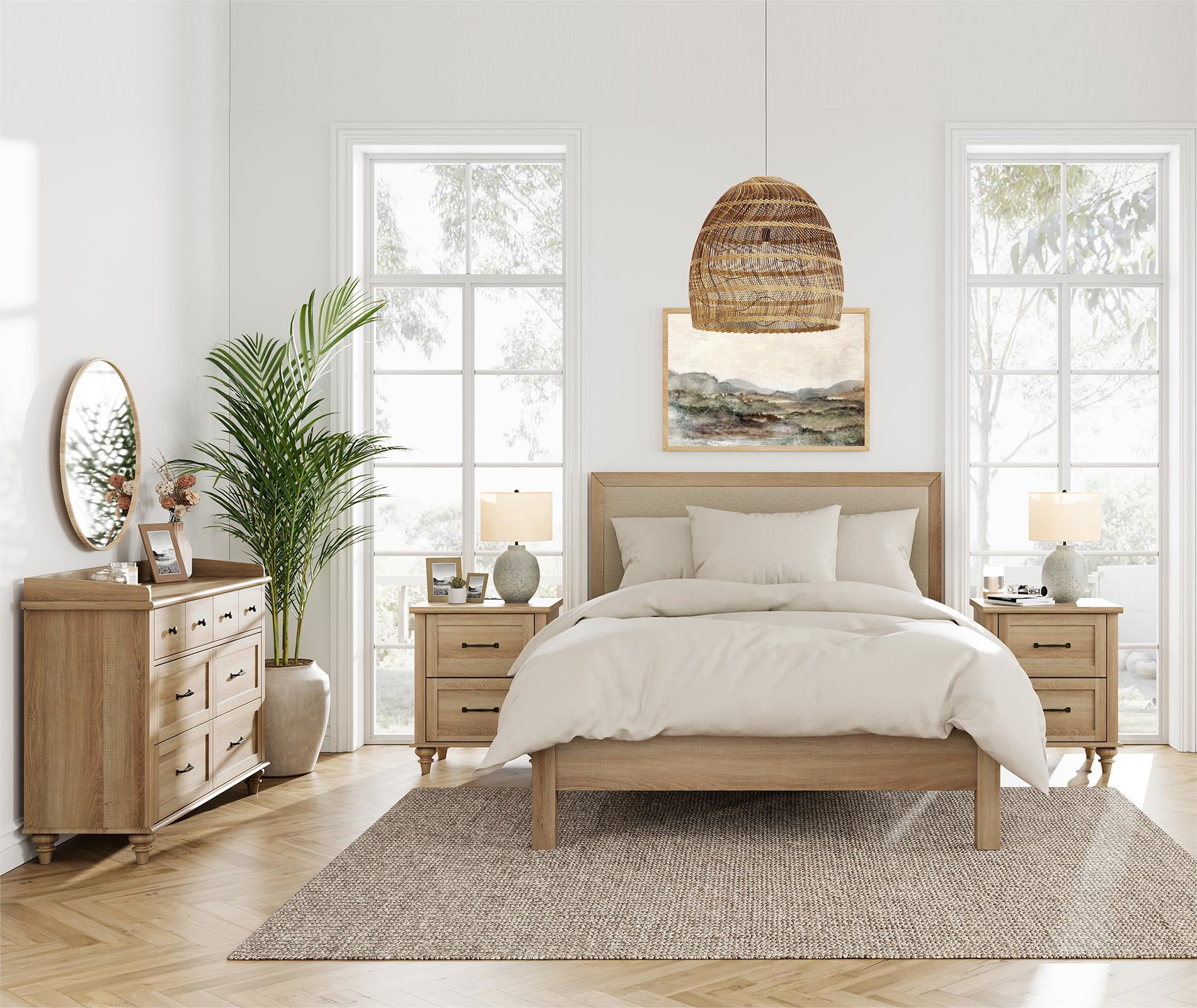 3 Piece Dresser and Nightstand Sets, Farmhouse Dresser with 6 Drawers, Set of 2 Night Stands with Charging Staion, 3 Piece Bedroom Set, Oak