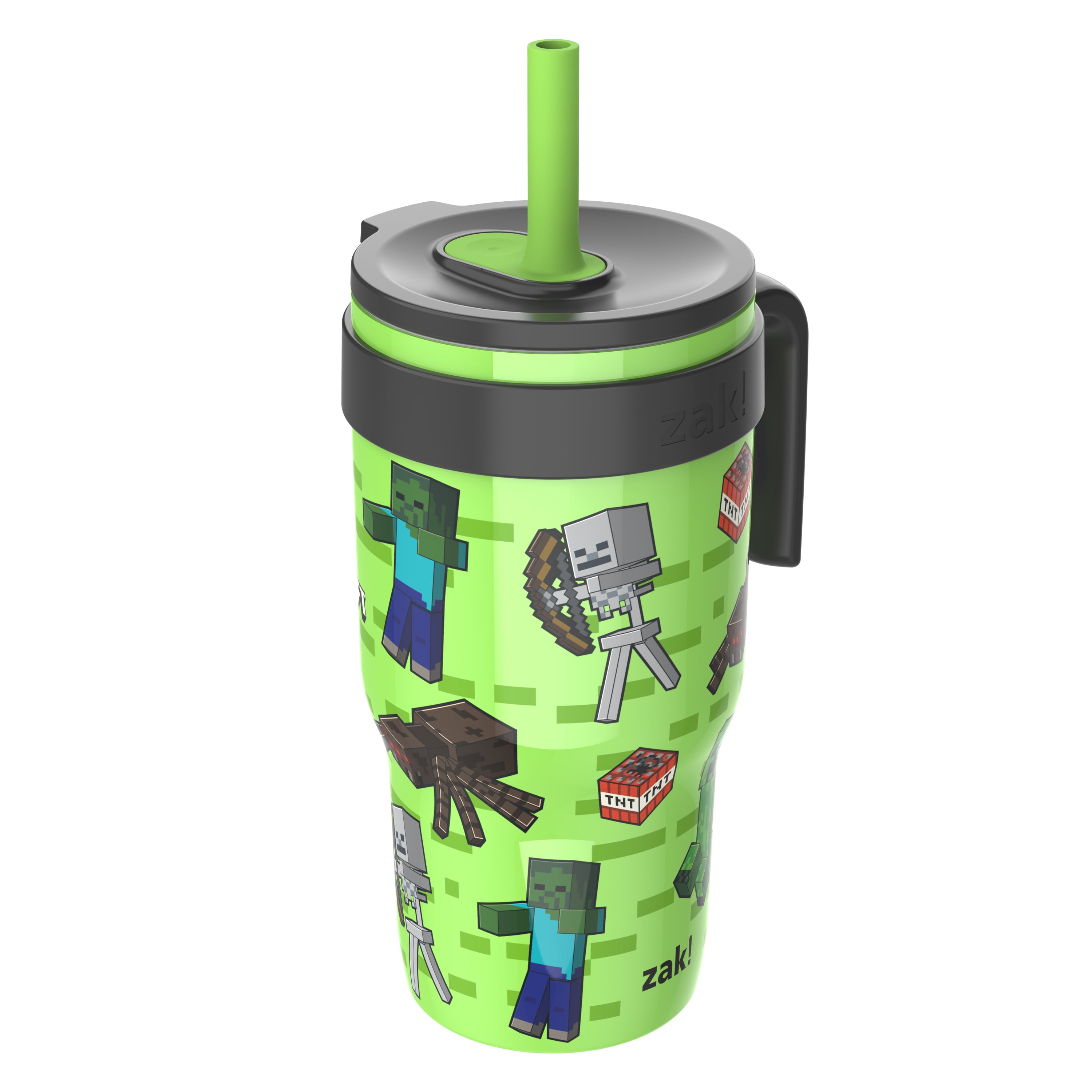 Zak Designs 18oz Minecraft Kids Straw Handle Tumbler, Stainless Steel Vacuum Insulated Cruiser Tumbler with Silicone Straw Utilizing Leak-Proof Valve, Creeper & TNT, Green