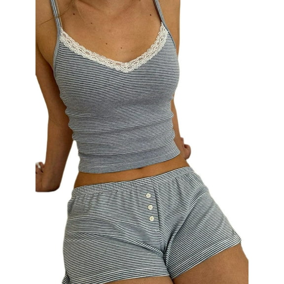 Women Y2k 2 Piece Pajama Set Striped Print Crop Camisole and Elastic Shorts Set Loungewear Sleepwear