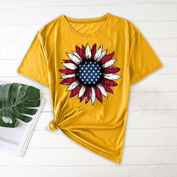 Warop Women's Casual T-Shirt with Independence Day Print, Round Neck, Lightweight and Comfortable for Daily Wear and Casual Activities