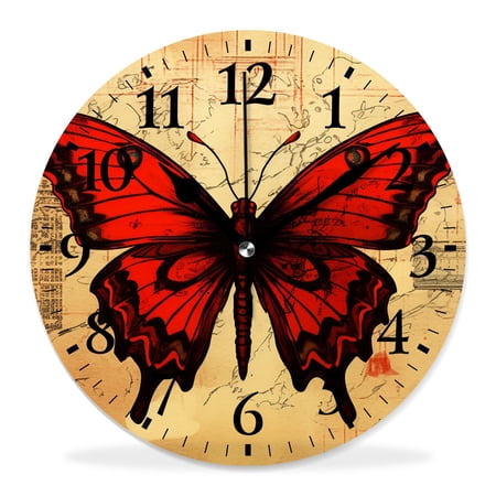 10 Inch Wall Clock Battery Operated Silent Clock Decorative for Office, Kitchen, Outdoor, Living RoomButterfly on Manuscript with ink Stains Cute Art