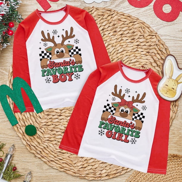 Camisa con estampado de ciervos para niño y niña favorita de Papá Noel, atuendo de fiesta navideña para niños y niñas, ropa de vacaciones de invierno para niños, camiseta de manga raglán Chold