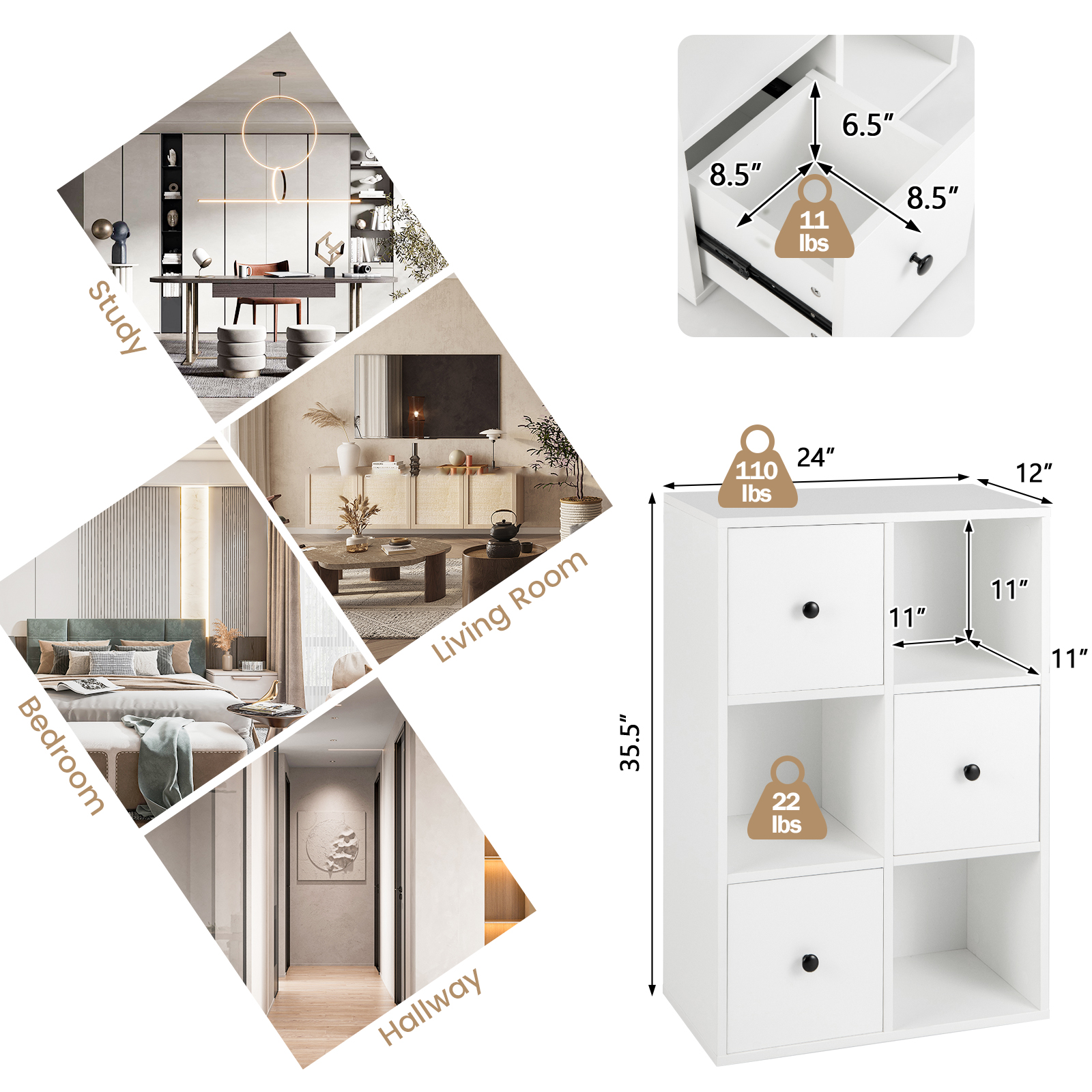 Giantex 6-Cube Bookcase w/Drawers, Freestanding Wooden Bookshelf Organizer for Kids Room, Living Room, Study, Bedroom, White