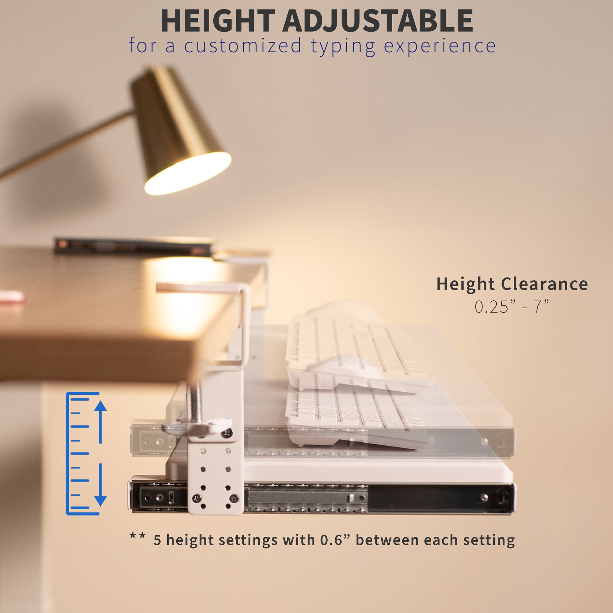 VIVO White Clamp-on Height Adjustable Keyboard and Mouse Under Desk Slider Tray