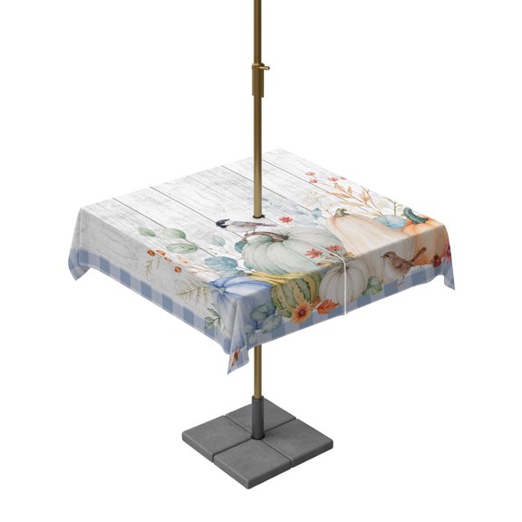 Outdoor Tablecloth with Umbrella Hole, Thanksgiving Pumpkin Leaf Bird Zippered Table Cloth for Rectangle Tables, Rustic Wood Board Buffalo Plaid Waterproof Tablecloths for Picnic Patio Garden