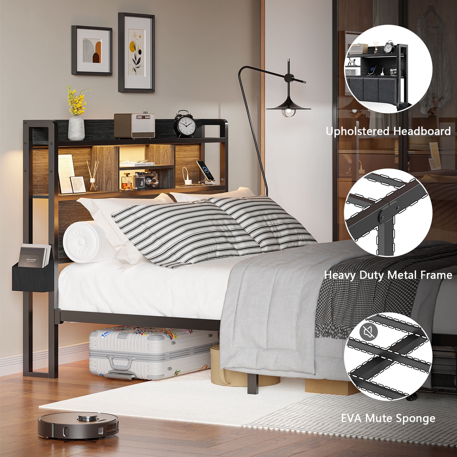 Satifur Full LED Platform Bed Frame with Storage Headboard, USB Ports, RGB Lights and 2 Easy-Slide Under Bed Storage Drawers