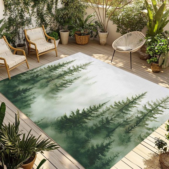 Fsddascl Watercolor Forest Outdoor Rug for Patio/Deck/Porch, Non-Slip Large Area Rug 4 x 6 Ft, Green Foggy Natural Landscape Plants Indoor Outdoor Rugs Washable Area Rugs, Camping Rug Carpet