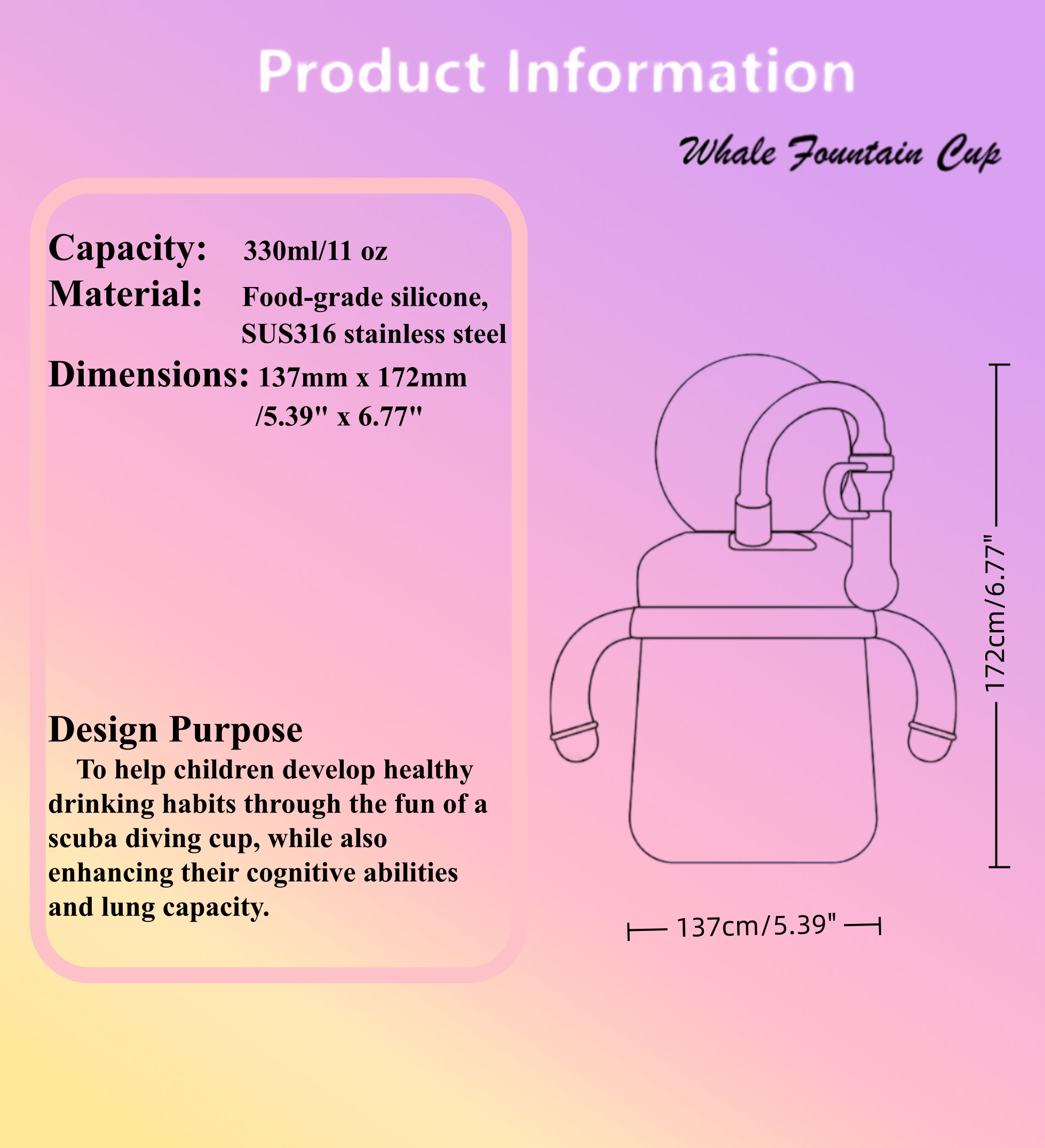 ST SoleMe.Tc Stainless Steel Whale Fountain Tumbler Sippy Cup with Straw, 11oz/330ml 360 Squirting, Spill Proof Weighted Water Bottle with Handles Adjustable Strap for Toddlers, Pink