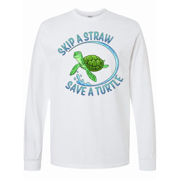 Inktastic Skip a Straw Save a Turtle with Cute Green Sea Turtle Long Sleeve T-Shirt