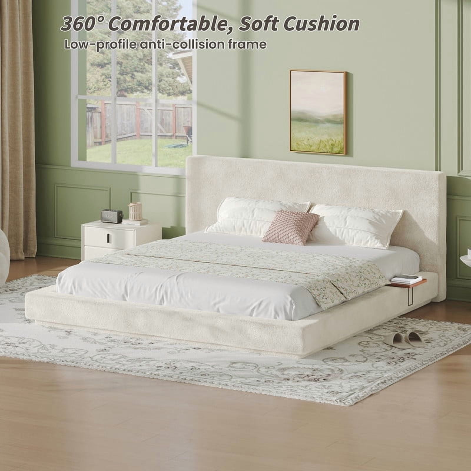 King Size Upholstered Low-Profle Floor Bed with Headboard & Steel Frame, Storage Platform Bed Frame with 2 Sliding Shelves