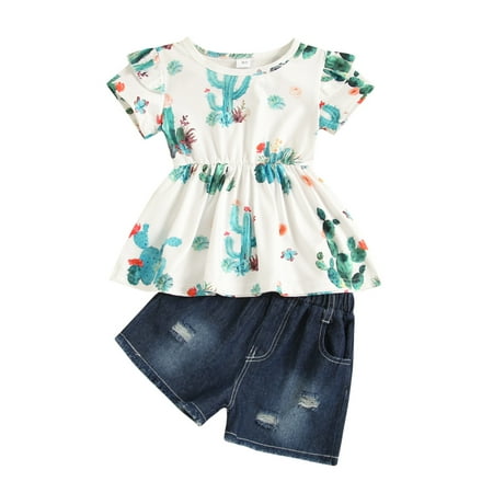 

Outfit Toddler Floral Tops+Ripped Denim Summer Sunflowers Kids Girl Shorts Baby Girls Outfits&Set