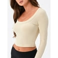 thumbnail image 2 of SEARIPE Women Slim Ribbed Knit Scoop Neck Crop Tee Long Sleeve Solid Crop Tops Sexy Fitted Cozy Khaki M, 2 of 3