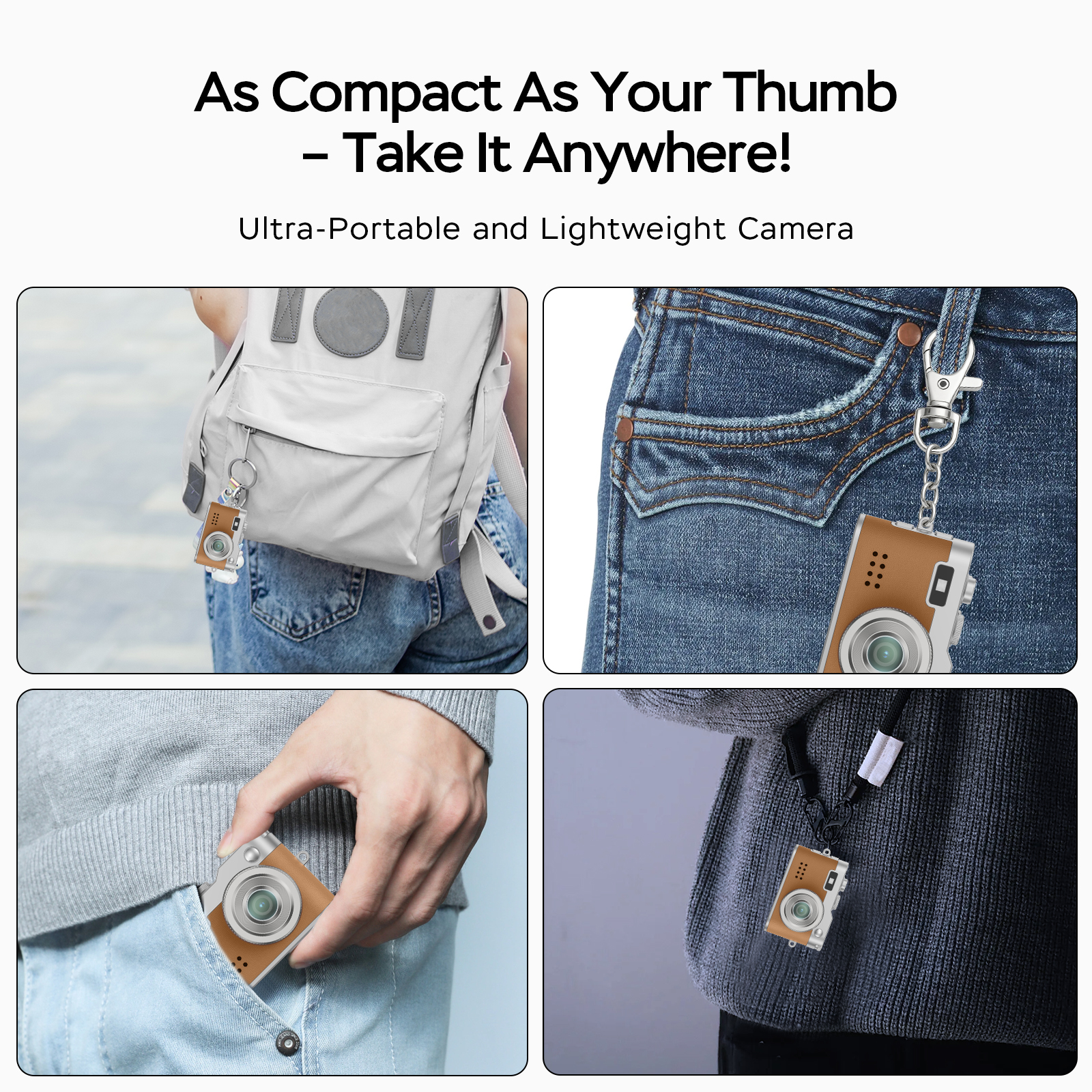Mini Digital Camera,0.96" Small Keychain Camera,1080P Tiny Camera with 32GB Card, Fill-in light,Landyard,USB Cable for Travel, Concert, Study Recording, Gift for Kids Brown