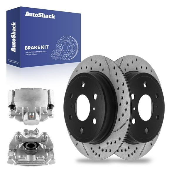 AutoShack Rear Drilled & Slotted Brake Rotors Calipers | Replacement for GMC Sierra 1500 Yukon XL Chevrolet Tahoe Suburban 1500 2007-2018 Silverado 1500 | E-Coated | 4-PC Brake Kit | ShadowGuard
