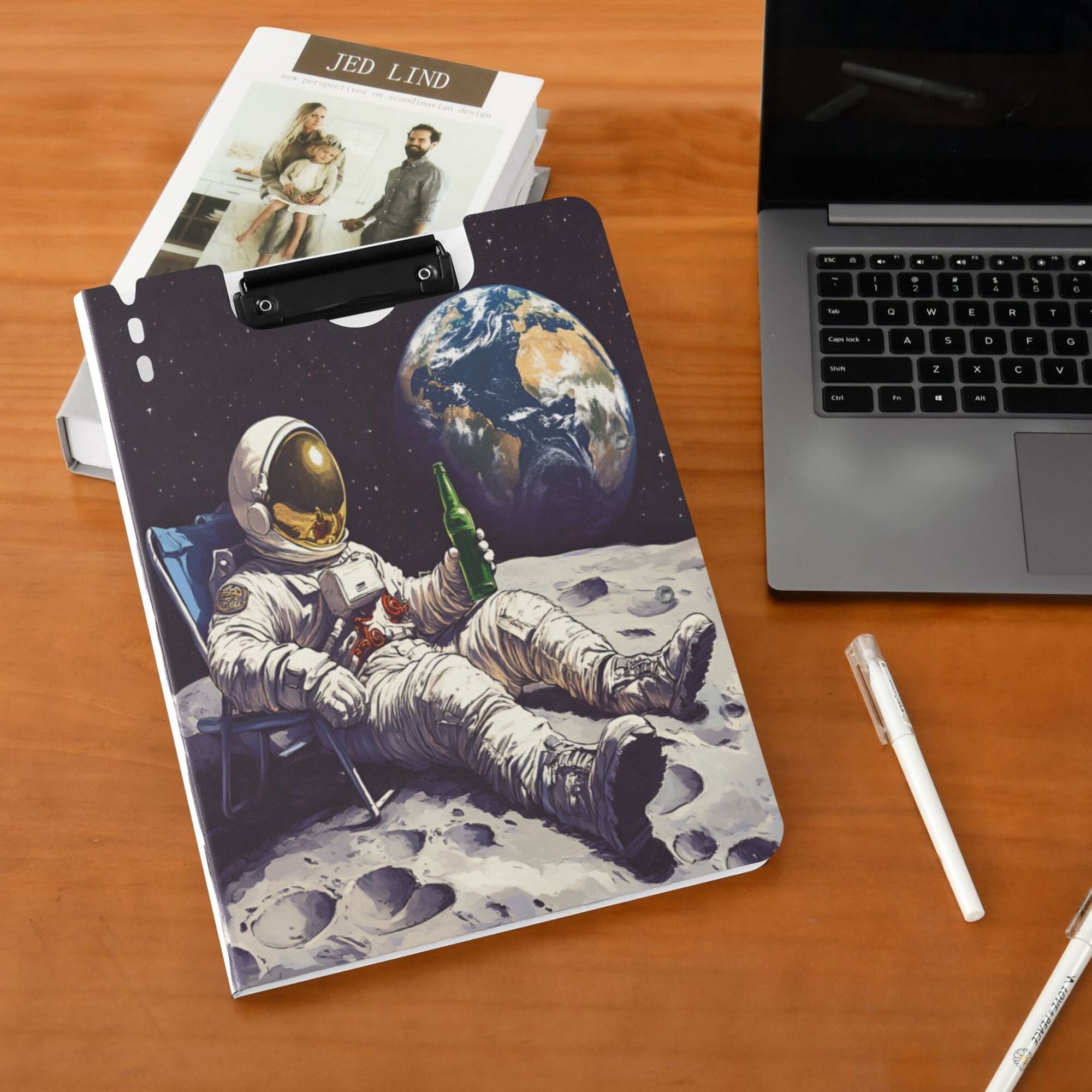 FORMRS A4 Clipboard Folder with Pen Holder Horizontal Foldable School Office Binder, Beige Astronaut