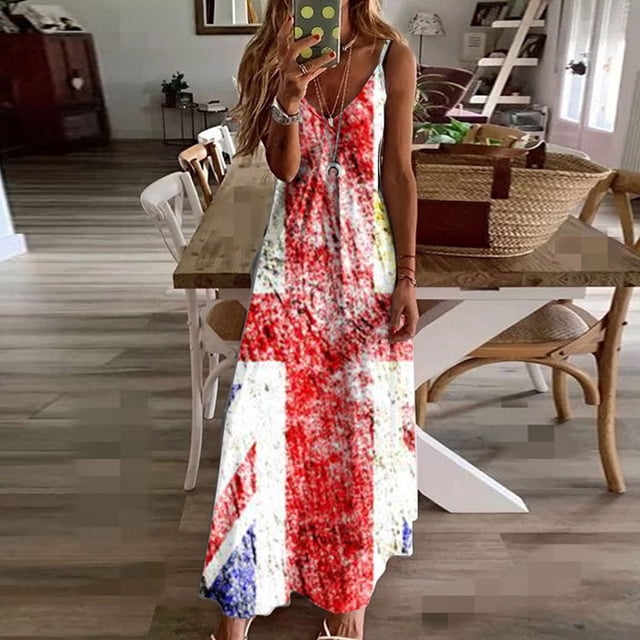 SMihono Robe Maxi Bohème d'Été pour Femmes Grande Taille Robe Longue Sans Manches Imprimée Jour de l'Indépendance Robe de Plage