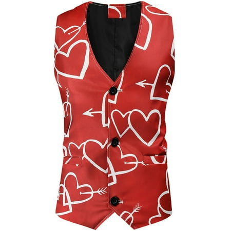 

【Tangnade】 Red Men s Fashion Casual Buckle Printed Single-breasted Suit Vest XL
