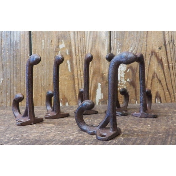 Set of 6 Cast Iron Antique Style Double Rustic Brown School Coat Hook