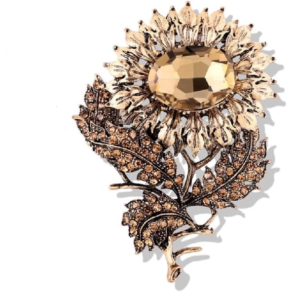 Vintage Sunflower Rhinestone Flower Brooch for Women Men Gold Plated Oval Big Crystal Leaf Blossom Brooches Lapel Pins Elegant Dress Accessories Wedding Birthday Jewelry