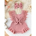 thumbnail image 2 of Suealasg Newborn Baby Girl 2Pcs Summer Outfits Lace Sleeve Round Neck Ruffle Romper with Headband Set Infant Birthday Photoshoot Clothes 0-18 Months, 2 of 7