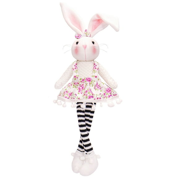 Easter Bunny Doll with Long Legs and Floral Dress Sitting Rabbit Plush Doll for Easter Spring Ornamentation